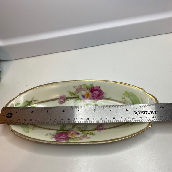 Antique Bavaria GERMANY Oval Relish Dish green Flowers Gold Edge 10" - Picture 11 of 12